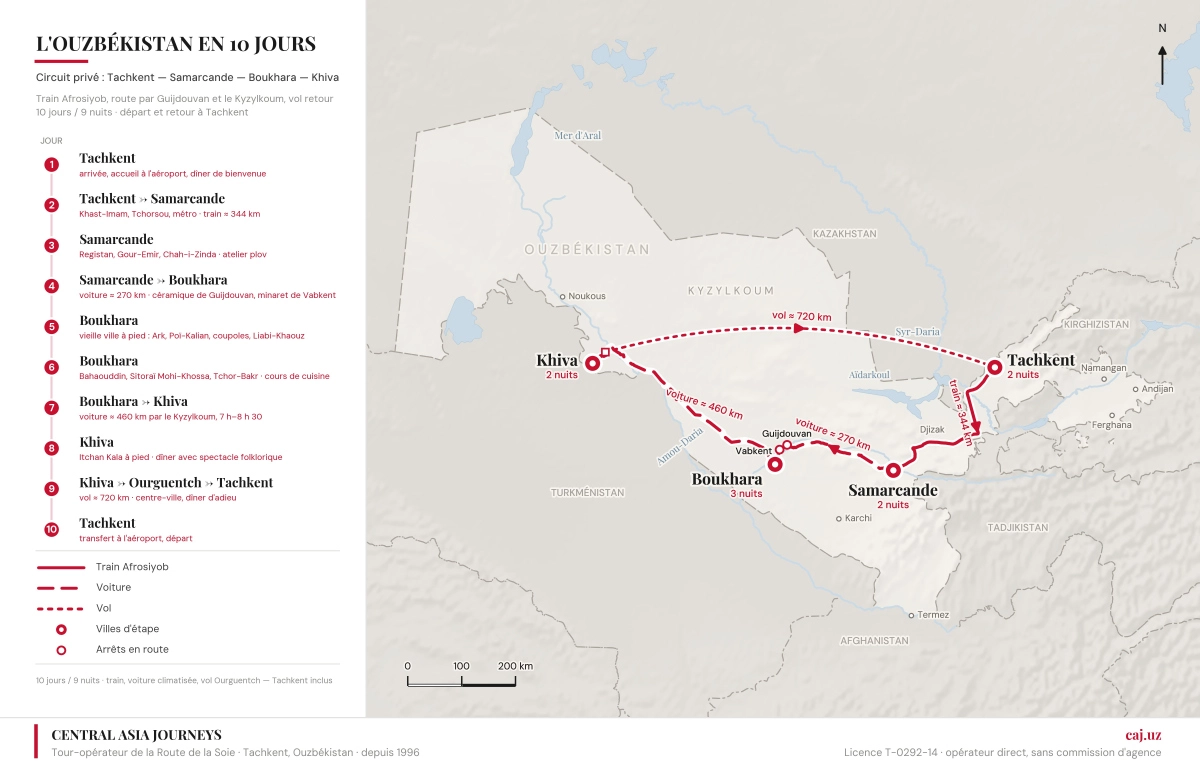 Carte du circuit de 10 jours en Ouzbékistan : Tachkent, Samarcande, Boukhara, Khiva, Ourguentch et Tachkent ; 9 nuits.