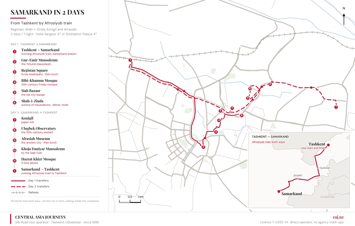 Map of the Tashkent–Samarkand–Tashkent trip