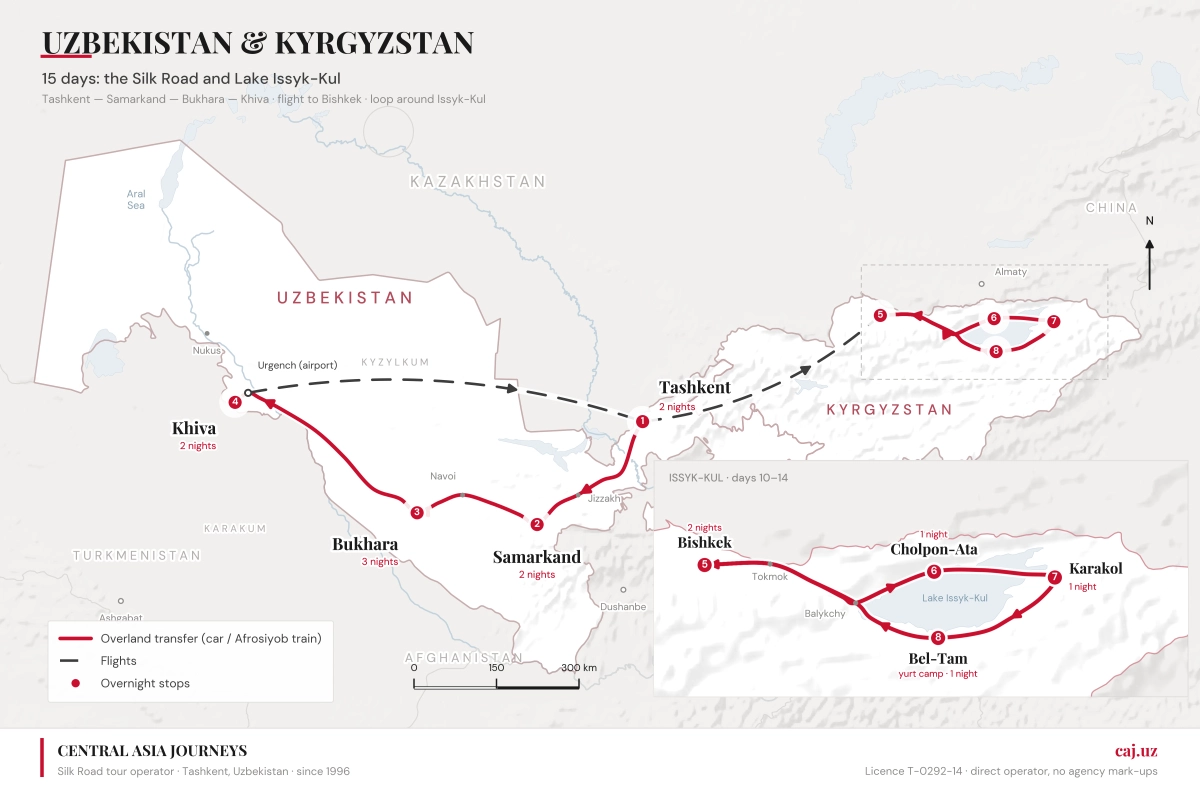 Map of the 15-day Uzbekistan and Kyrgyzstan route from Tashkent to Bishkek