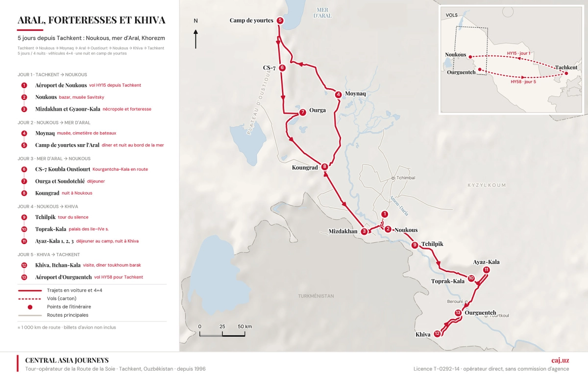 Carte du parcours terrestre depuis Noukous vers la mer d’Aral, les forteresses du Khorezm et Khiva, jusqu’à l’aéroport d’Ourguentch