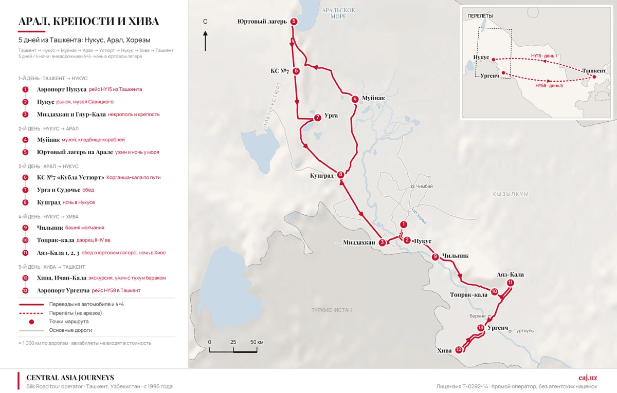 Карта наземного маршрута из Нукуса к Аральскому морю, крепостям Хорезма и Хиве с завершением в аэропорту Ургенча