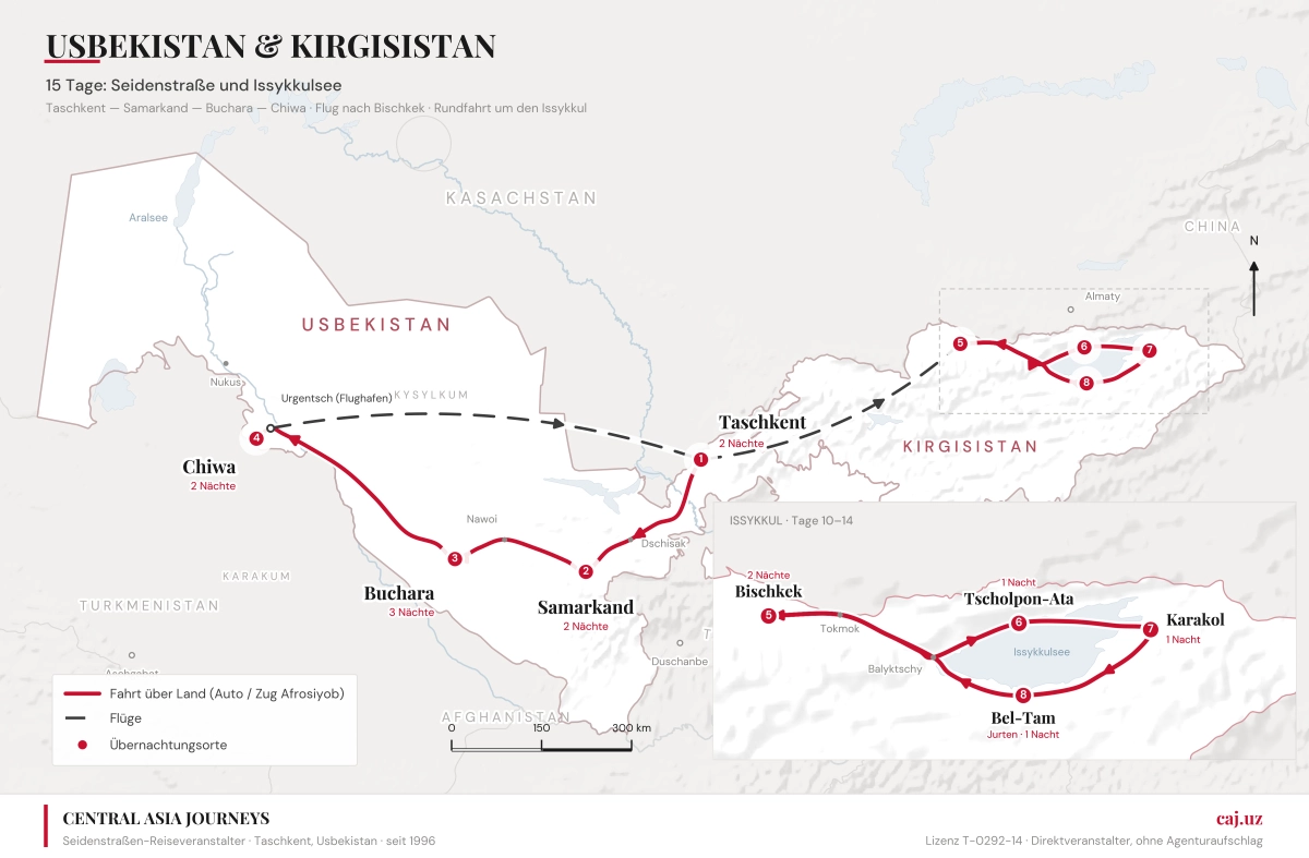 Karte der 15-tägigen Route durch Usbekistan und Kirgisistan von Taschkent nach Bischkek