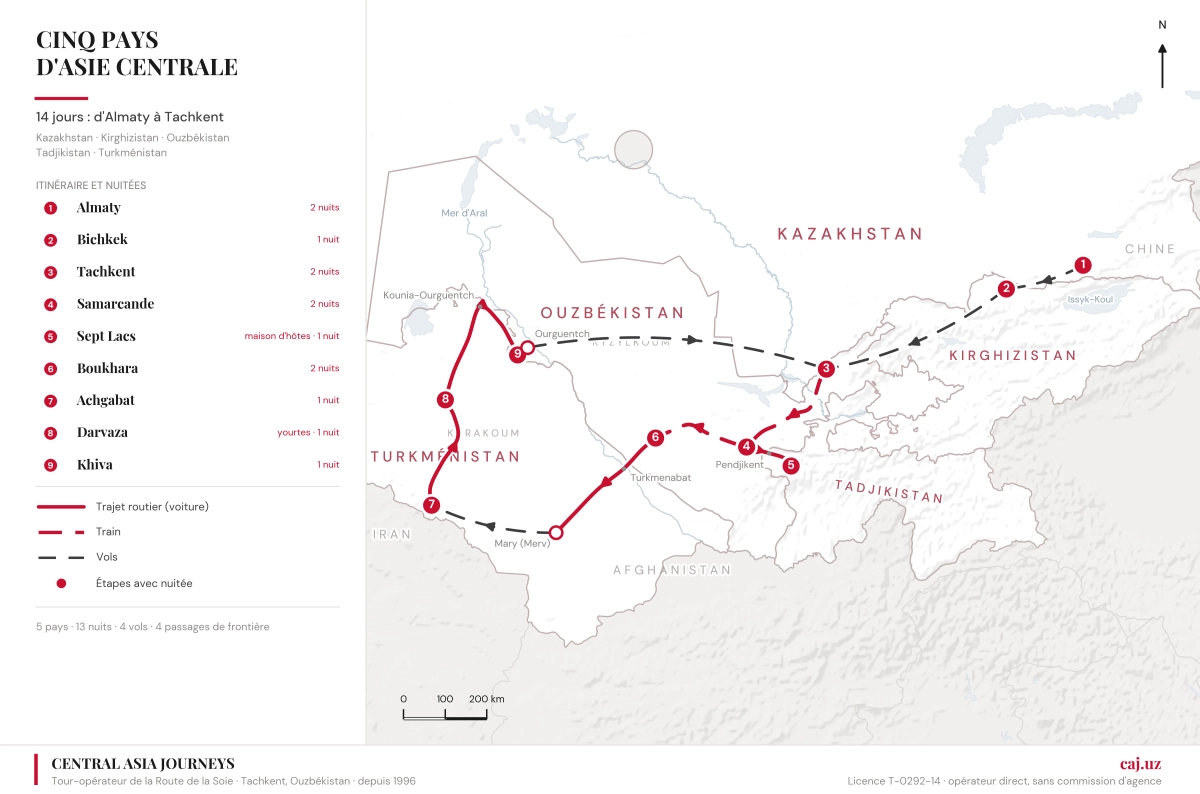 Carte du parcours de 14 jours dans cinq pays d’Asie centrale, d’Almaty à Tachkent