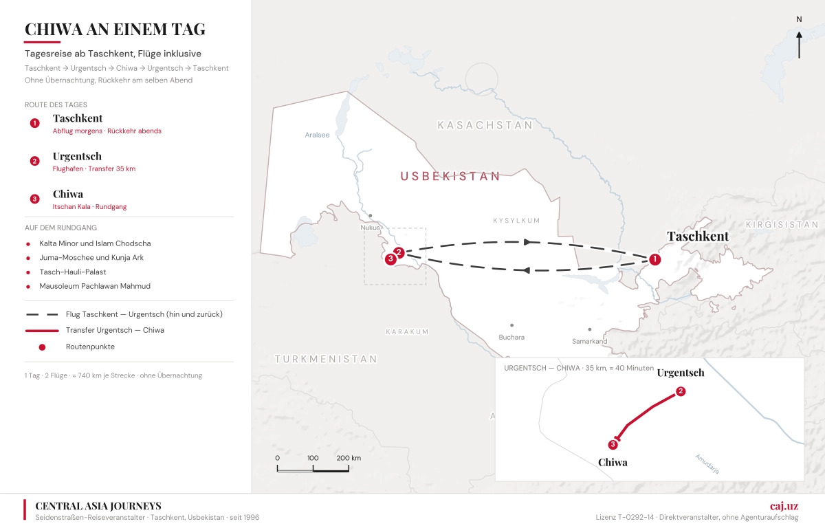 Karte der Route Taschkent — Urgentsch — Chiwa — Urgentsch — Taschkent