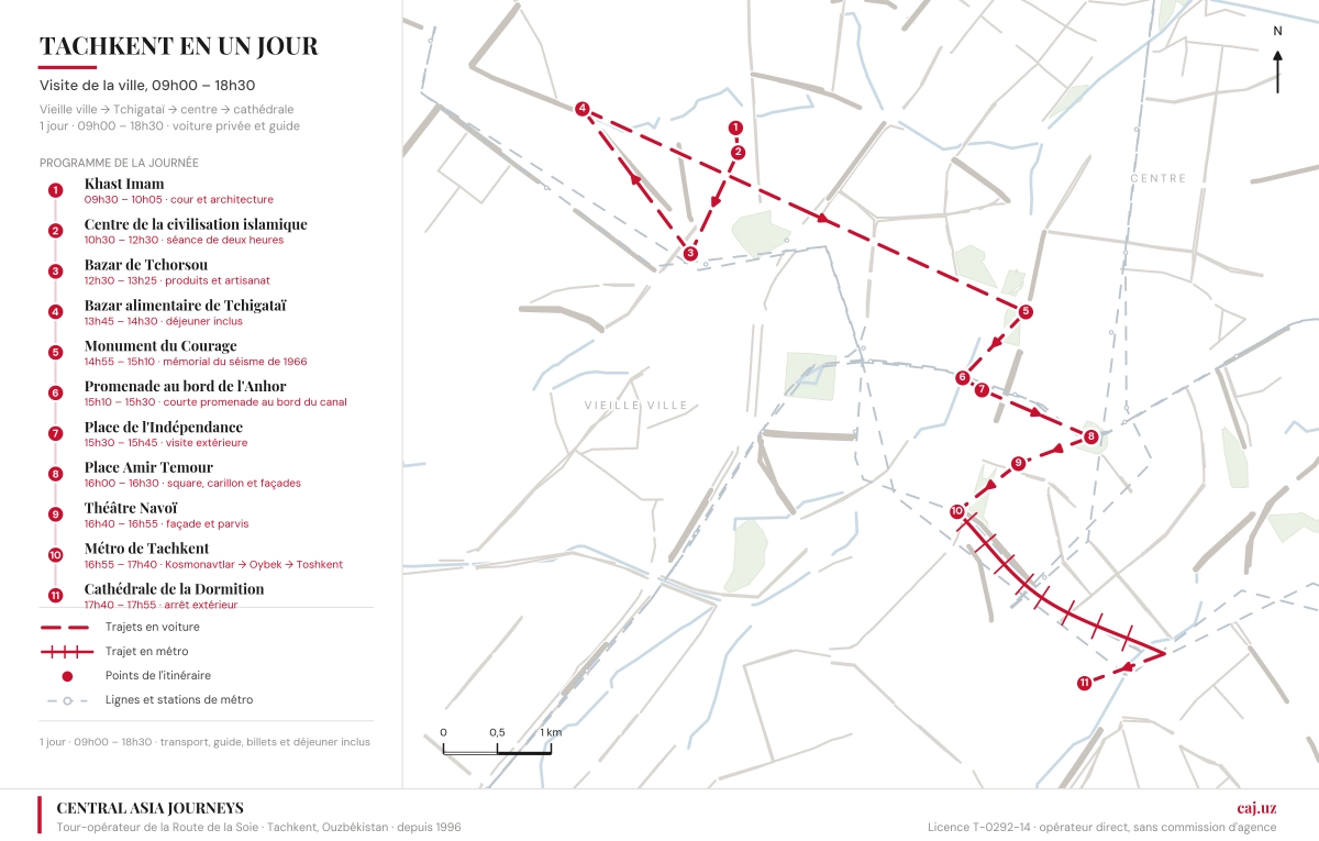 Carte du parcours de la visite de Tachkent, de Khast Imam au métro et à la cathédrale