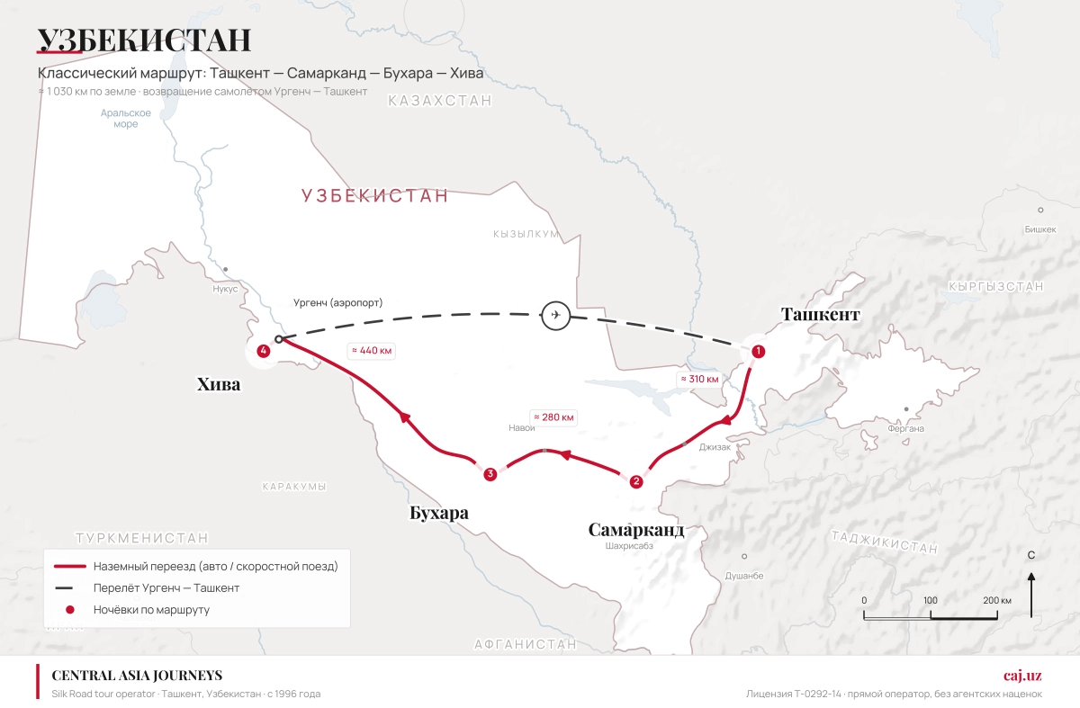 Карта маршрута тура: Ташкент — Самарканд — Бухара — Хива с перелётом Ургенч — Ташкент