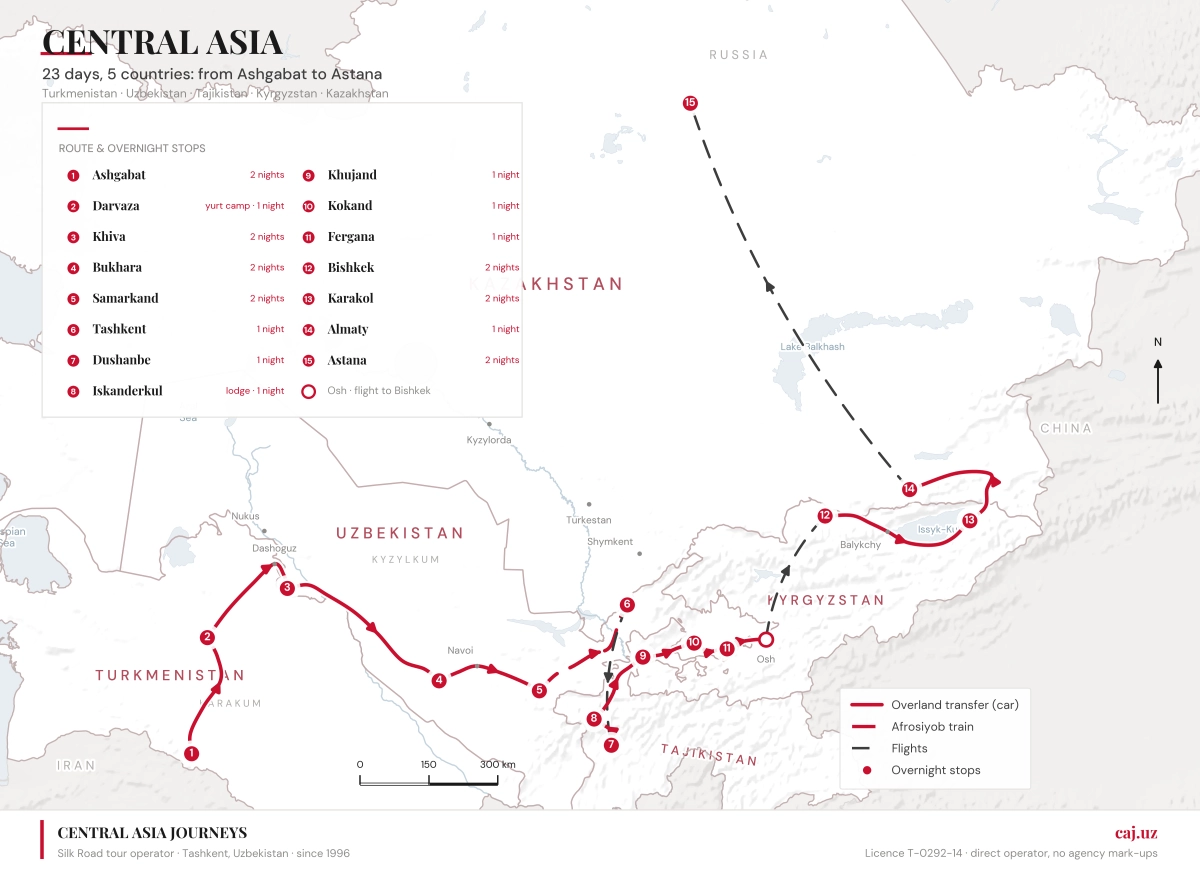 Map of the 23-day CAJ.UZ route across five Central Asian countries