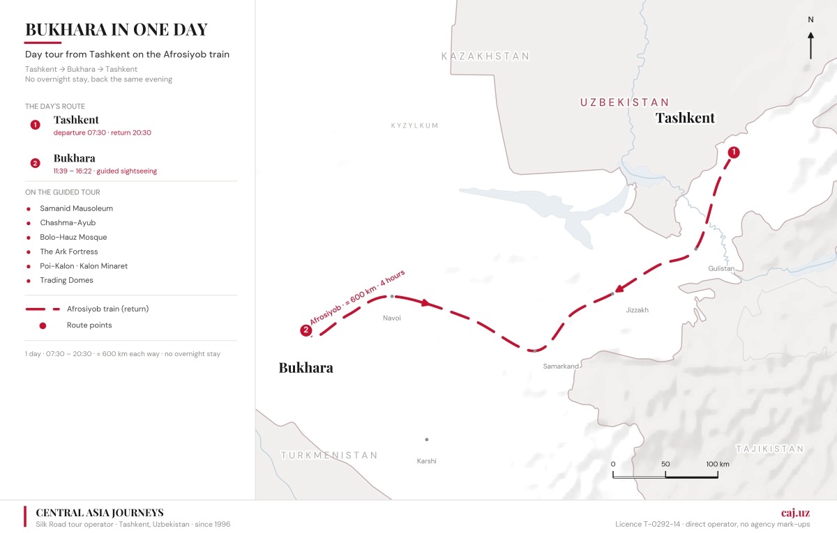 Map of the Tashkent — Bukhara — Tashkent day trip
