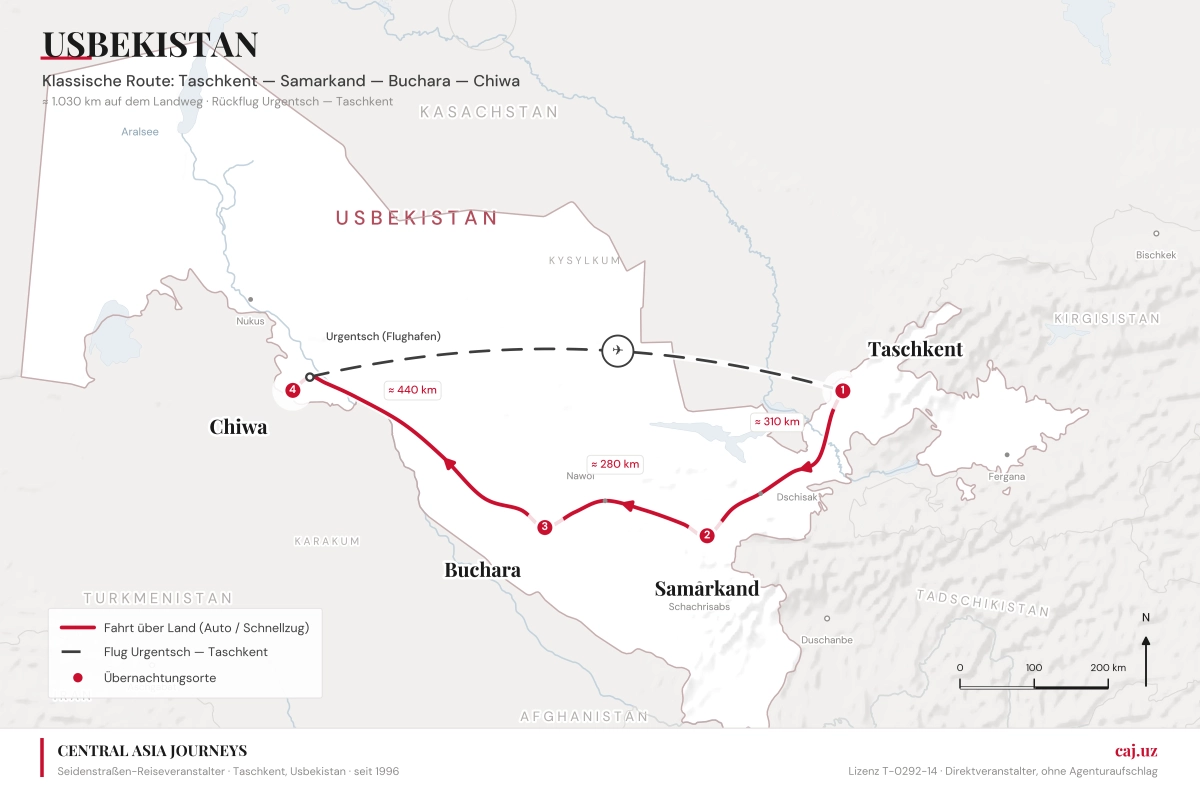 Routenkarte der Reise: Taschkent – Samarkand – Buchara – Chiwa mit Flug Urgench – Taschkent