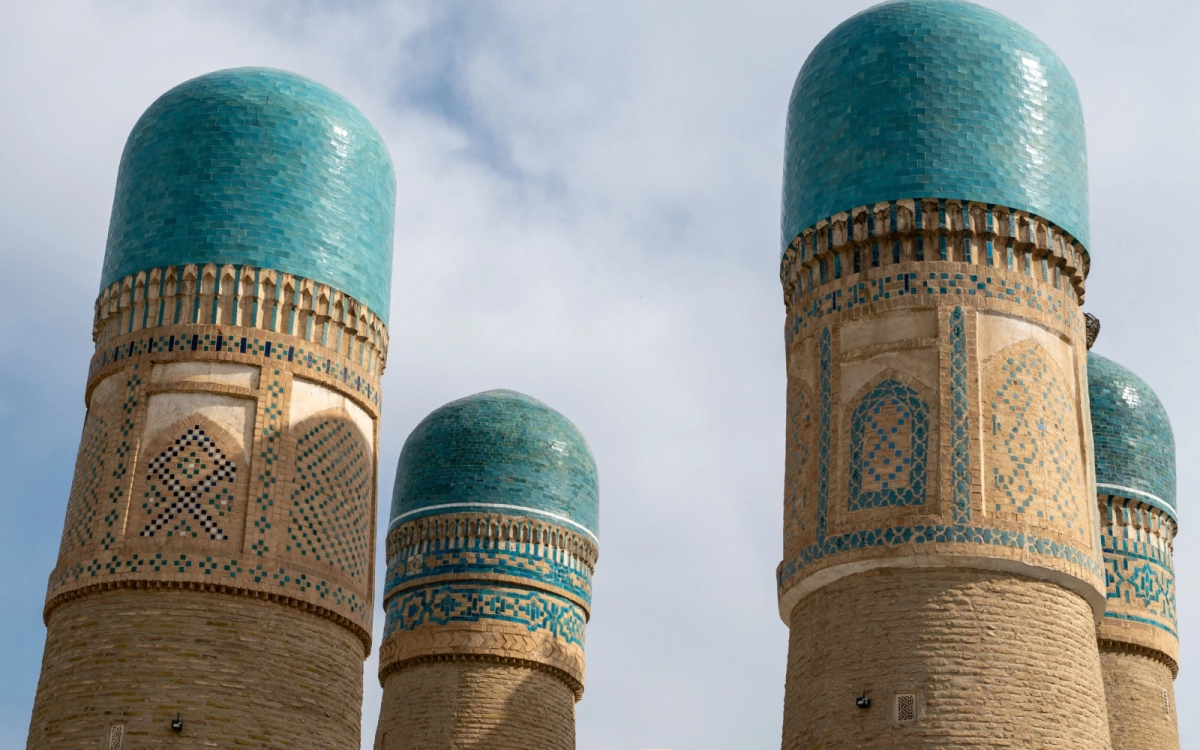 Turquoise domes of Chor Minor in Bukhara, Uzbekistan