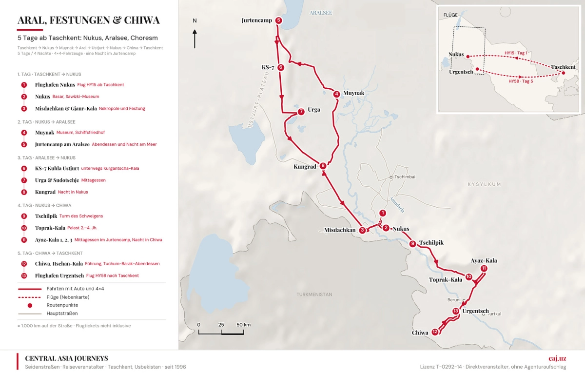 Karte der Landroute von Nukus zum Aralsee, zu den Choresm-Festungen und nach Chiwa mit Abschluss am Flughafen Urgentsch