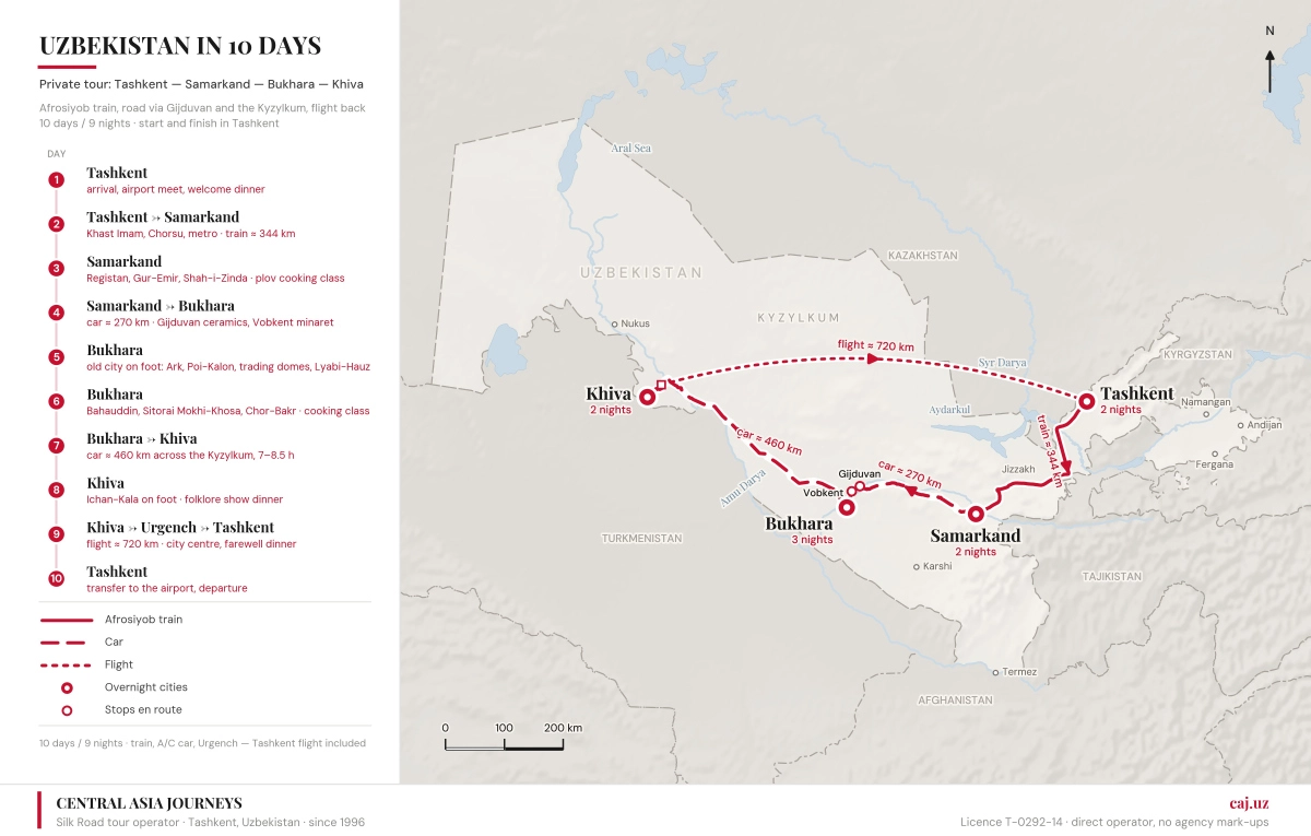 Map of the 10-day Uzbekistan tour: Tashkent, Samarkand, Bukhara, Khiva, Urgench and Tashkent; 9 nights.