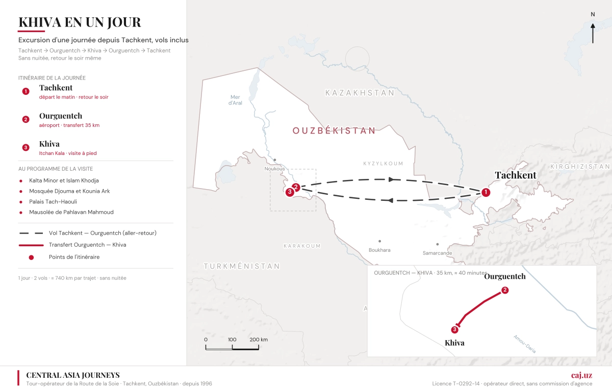Carte du trajet Tachkent — Ourguentch — Khiva — Ourguentch — Tachkent