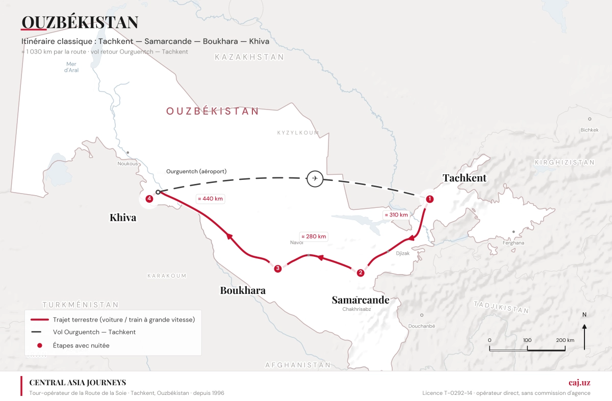 Carte de l’itinéraire en Ouzbékistan : Tachkent, Samarcande, Boukhara, Khiva et vol retour Ourguentch–Tachkent