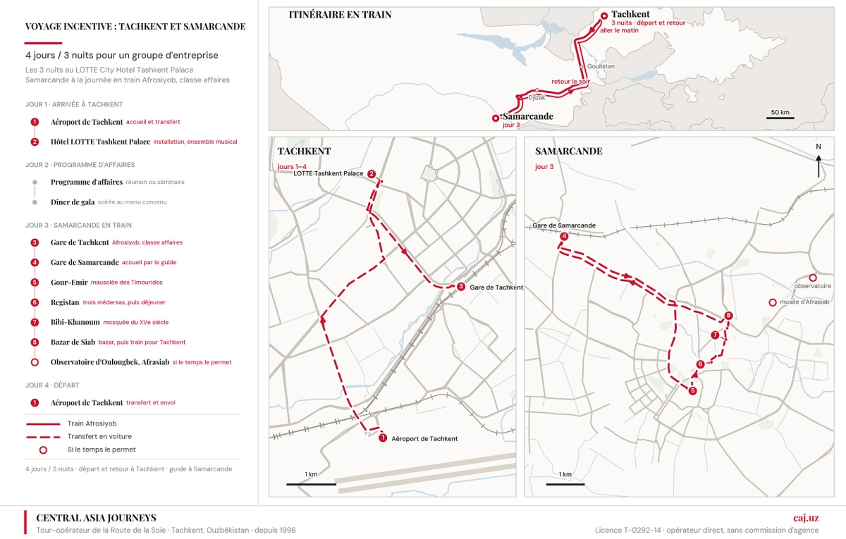 Carte du voyage incentive Tachkent–Samarcande–Tachkent de 4 jours avec trois nuits au Lotte