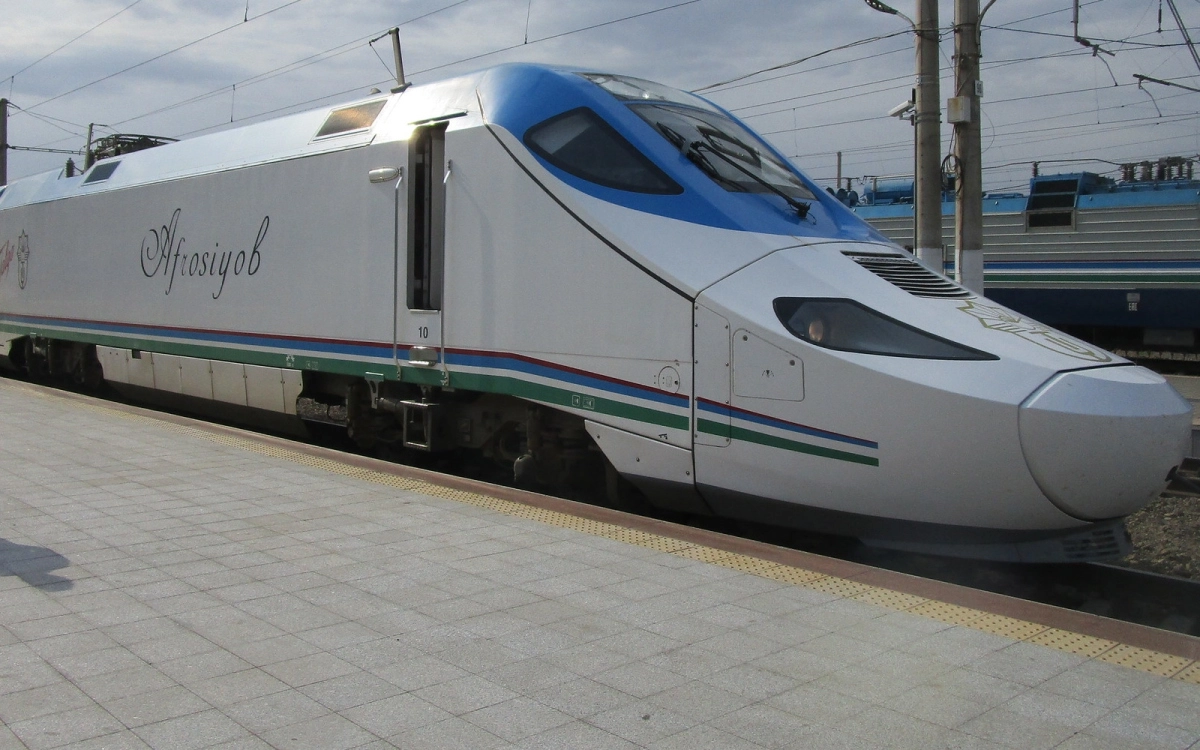 Afrosiyob train at an Uzbekistan railway station