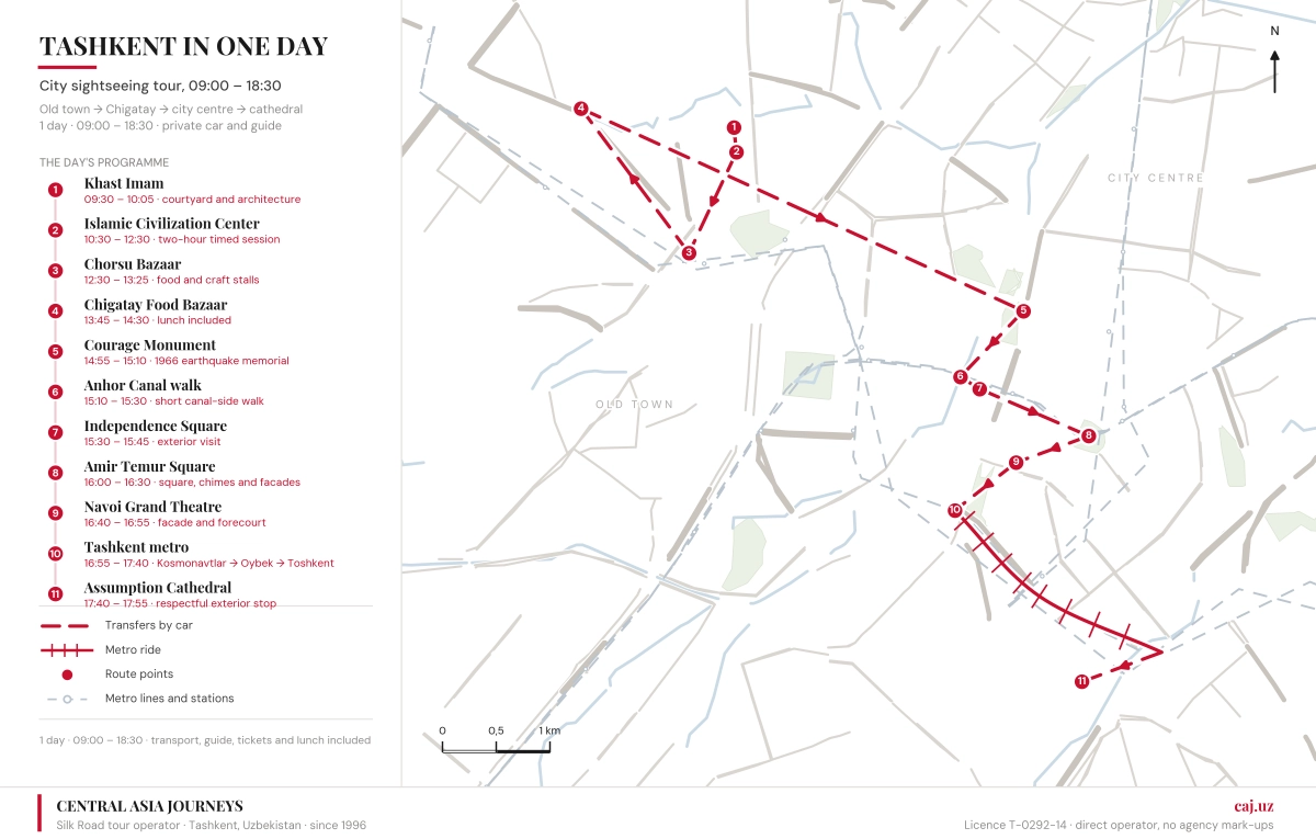 Map of the Tashkent day tour route from Khast Imam and Chigatay Bazaar to Amir Temur Square, the metro and Holy Assumption Cathedral