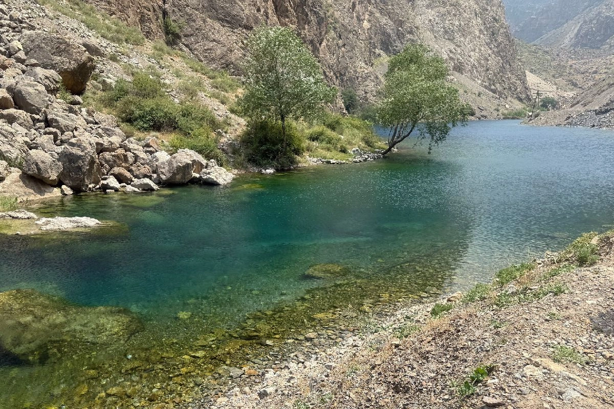 Lac Mijgon bordé d’arbres verts sur une rive rocheuse