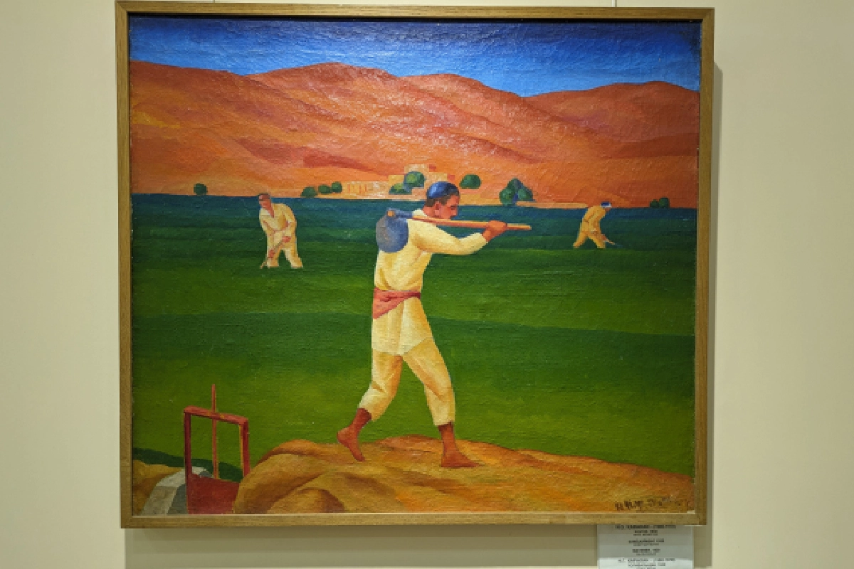Avant-garde artwork from the Savitsky Museum showing a sports scene against mountains