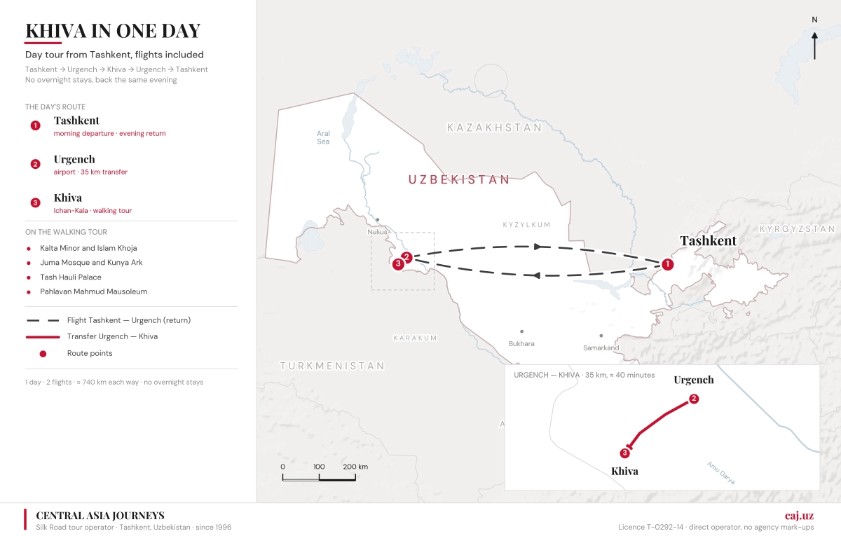 Route map: Tashkent — Urgench — Khiva — Urgench — Tashkent