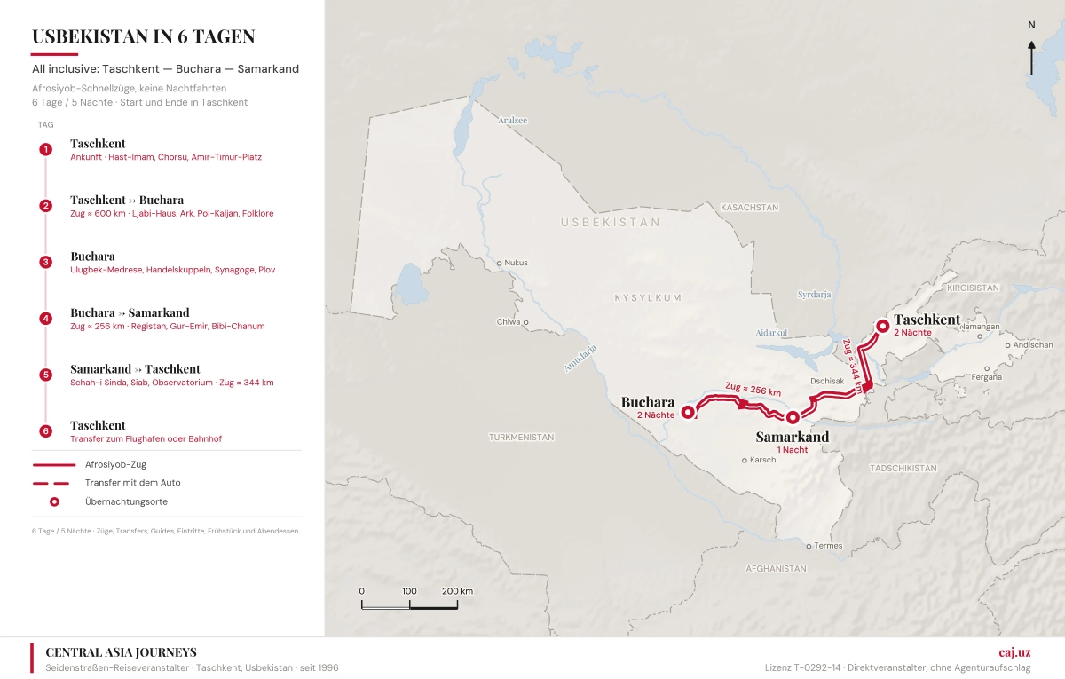 Karte der Route Taschkent — Buchara — Samarkand — Taschkent: 6 Tage und 5 Nächte