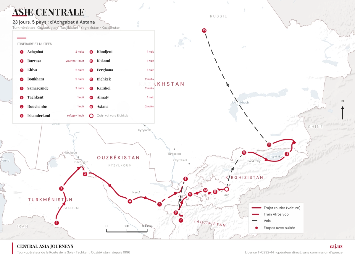 Carte de l’itinéraire CAJ.UZ de 23 jours à travers cinq pays d’Asie centrale