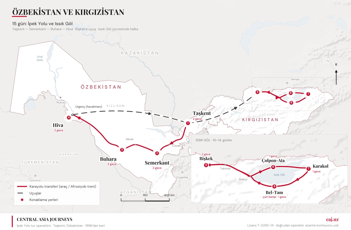 Taşkent’ten Bişkek’e 15 günlük Özbekistan ve Kırgızistan rotası haritası