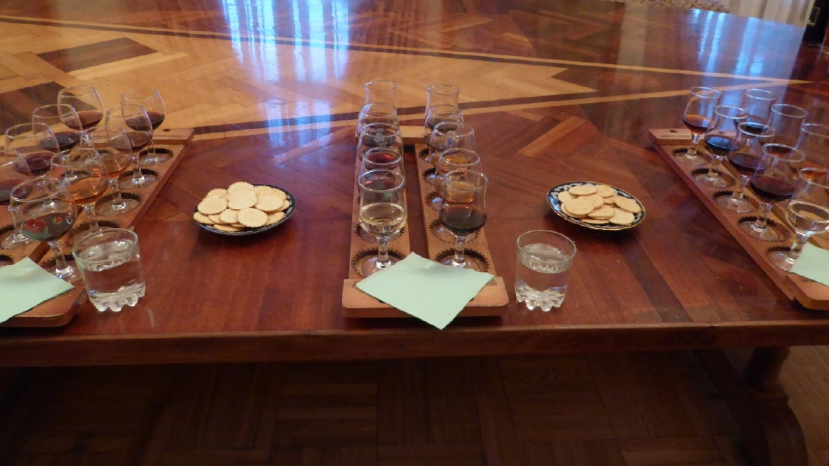 Wine glasses prepared for a tasting in Samarkand