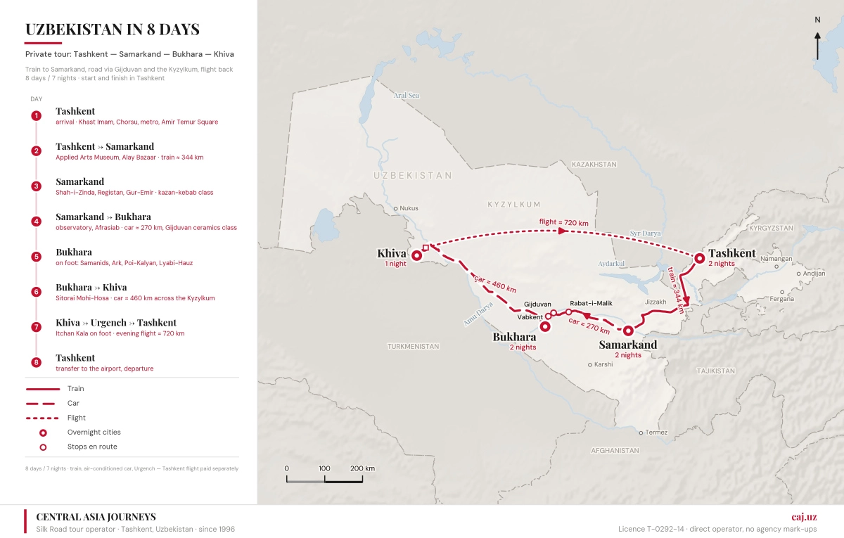 Map of the 8-day Uzbekistan tour: Tashkent, Samarkand, Bukhara, Khiva, Urgench and Tashkent; 7 nights.