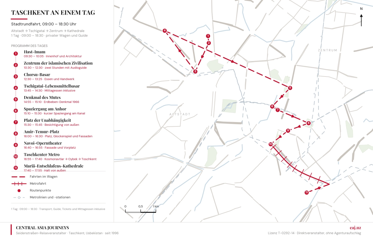 Routenkarte der Taschkent-Stadttour mit Stopps und Zeiten von 09:00 bis 18:30