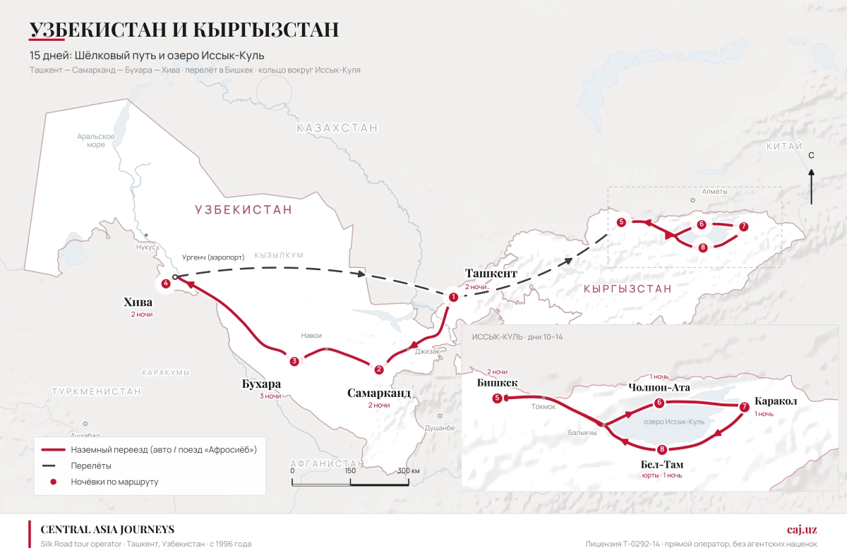 Карта 15-дневного маршрута по Узбекистану и Кыргызстану из Ташкента в Бишкек