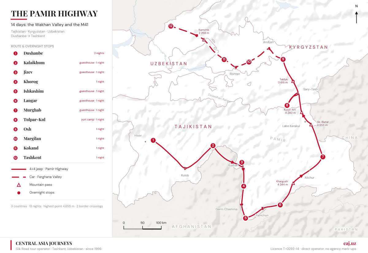 Map of the route from Dushanbe to Tashkent via Wakhan, the Eastern Pamir, Osh and the Fergana Valley: 12 overnight locations