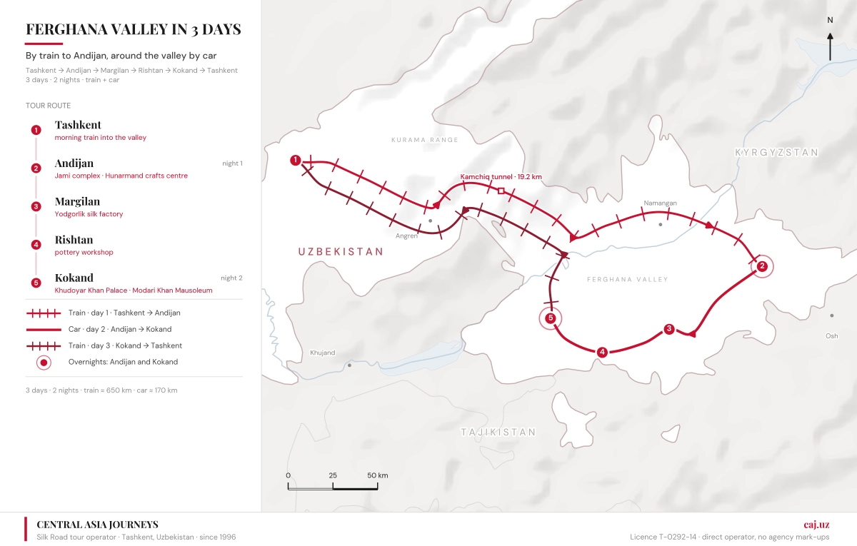 Tour map: Tashkent, Andijan, Margilan, Rishtan and Kokand, with train and road journeys