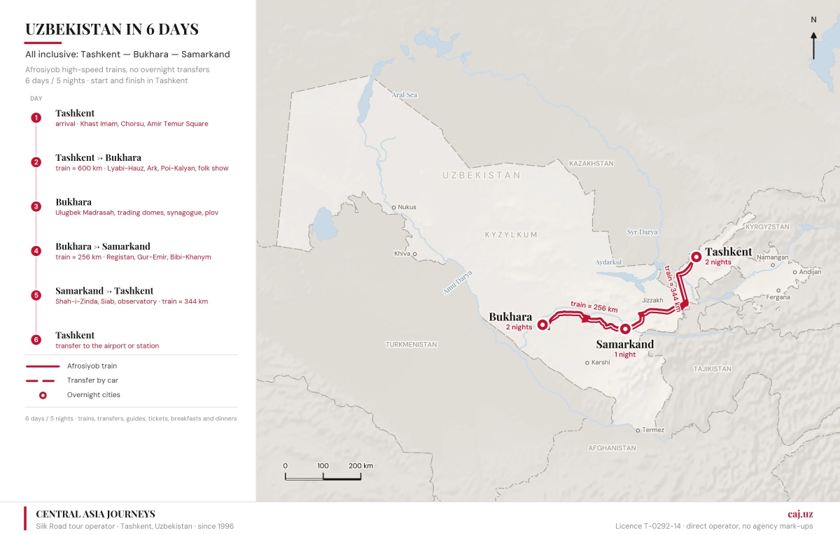 Map of the Tashkent — Bukhara — Samarkand — Tashkent route: 6 days and 5 nights