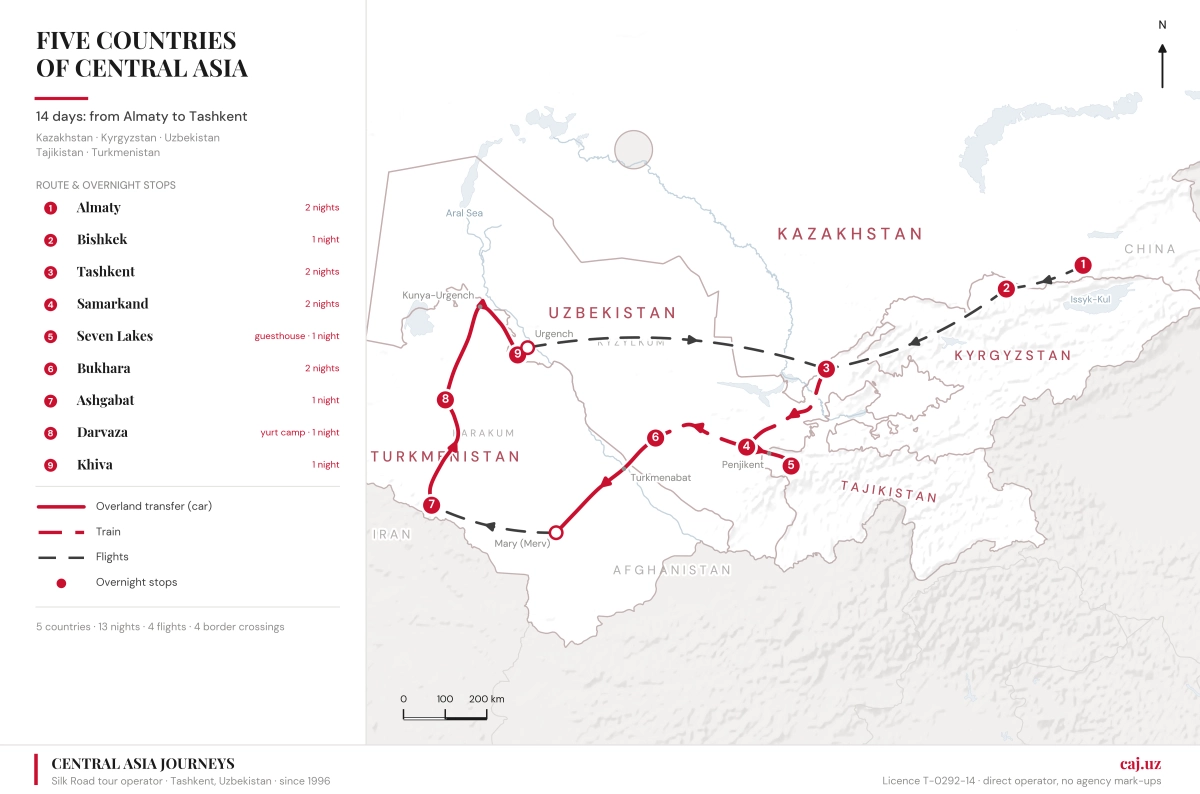 Map of the 14-day route through five Central Asian countries from Almaty to Tashkent