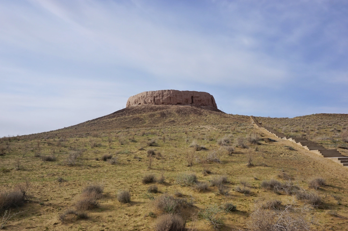 Chilpik above the lower Amu Darya plain Circular Zoroastrian dakhma of Chilpik reached by steps on a hill in Karakalpakstan