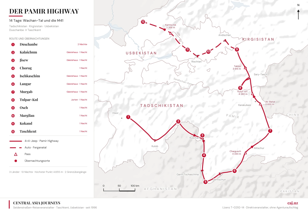 Routenkarte von Duschanbe nach Taschkent über Wachan, den Ostpamir, Osch und das Ferganatal: 12 Übernachtungsorte