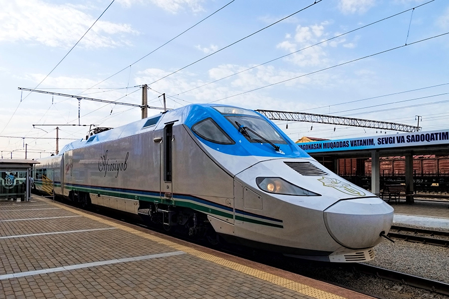 Uzbekistan Afrosiyob high-speed train waiting at the station, used for comfortable inter-city travel