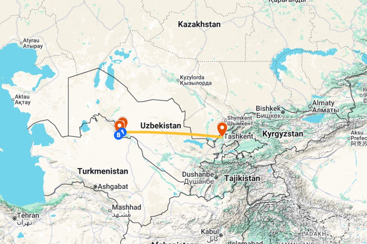 Flight route map Tashkent – Urgench – Khiva