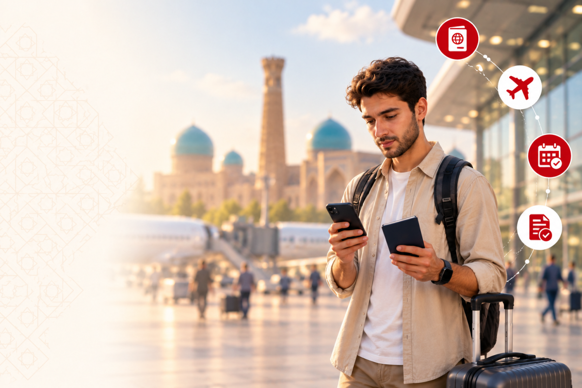 Reisender mit Smartphone und Reisepass neben einem Koffer