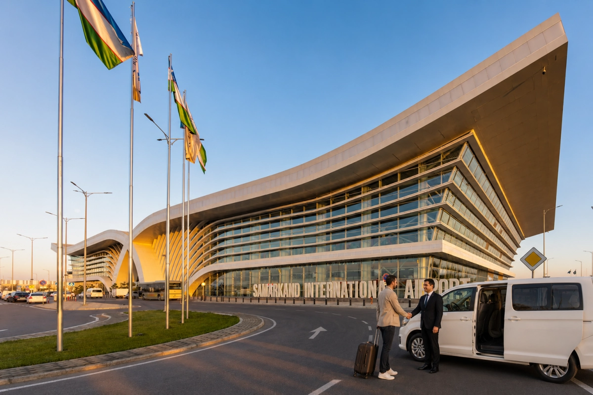 Private transfers in and from Samarkand Driver welcoming a traveller with luggage at Samarkand International Airport