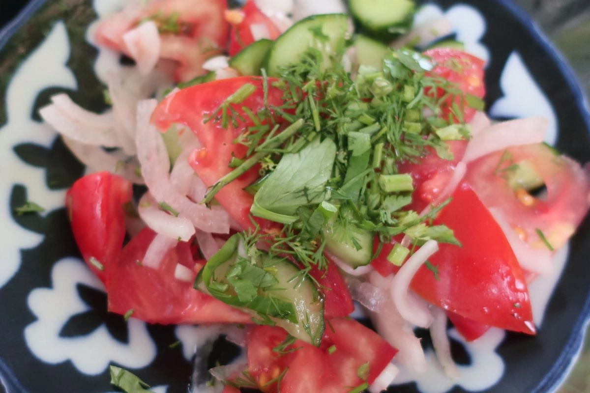 A salad of tomatoes, cucumbers, onions and herbs