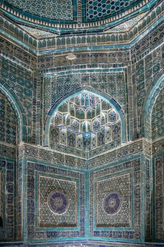 Turquoise tiled interior of a mausoleum at Shah-i-Zinda