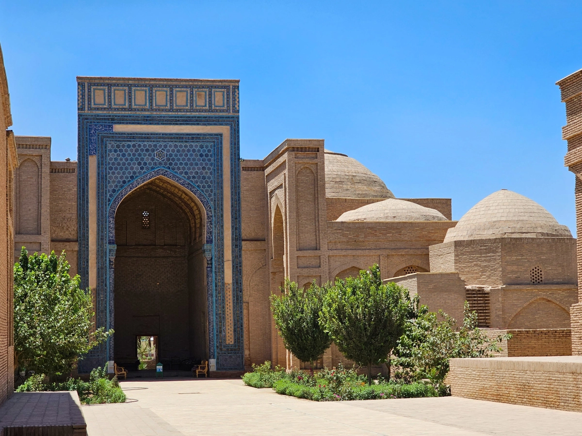Sultan Saodat memorial ensemble in Termez Sultan Saodat memorial ensemble in Termez with brick mausoleums, domes and a blue-tiled portal