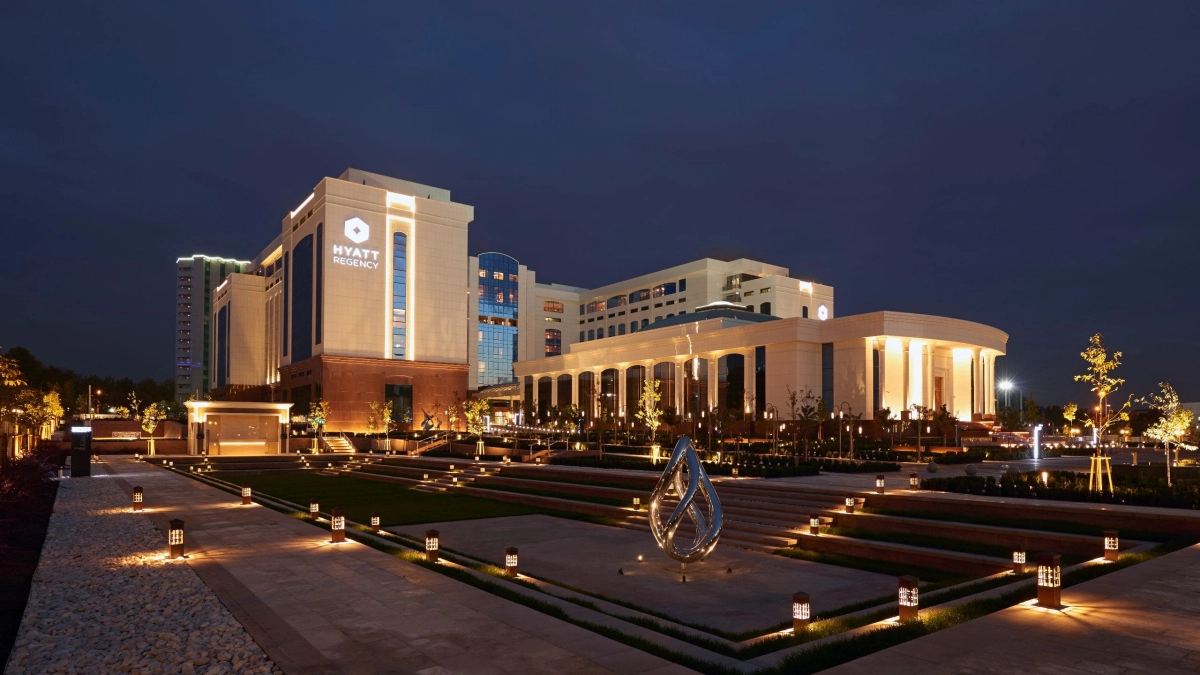 Illuminated exterior of Hyatt Regency Tashkent